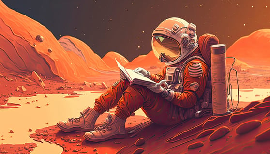 Astronaut reading on distant planet