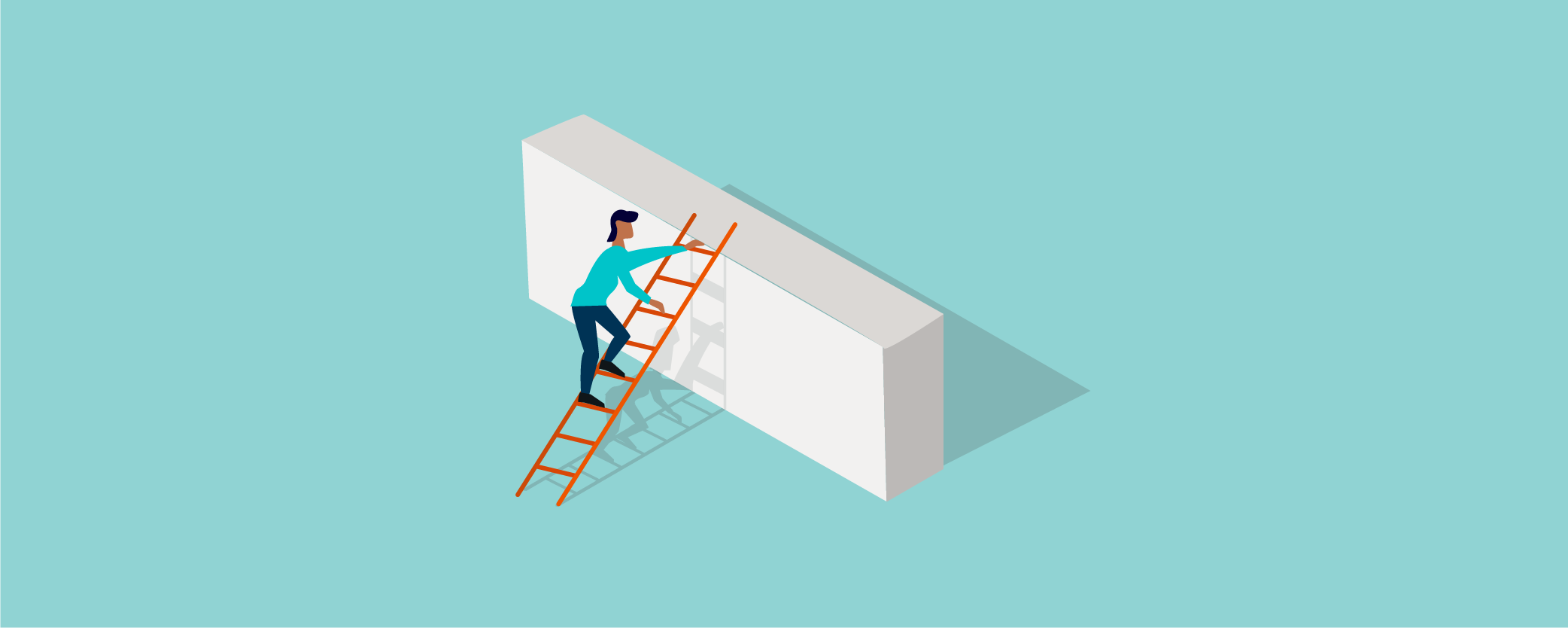 person climbing ladder over wall