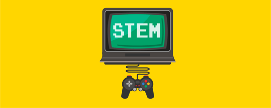 image of tv and video game controller with STEM written on screen