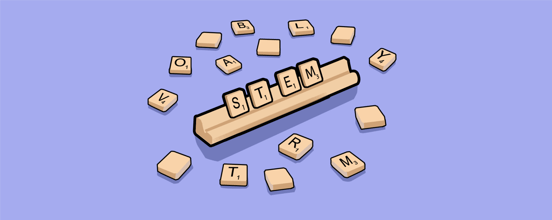 A graphic of the letters of STEM spelled with letter tiles
