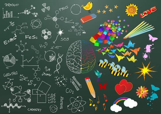 A chalkboard with a brain image at the center. The left side shows math-related imagery and the right side art art-related imagery.