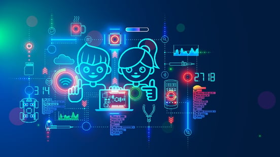 A graphic showing futuristic imagery with the outlines of a girl and boy at the center
