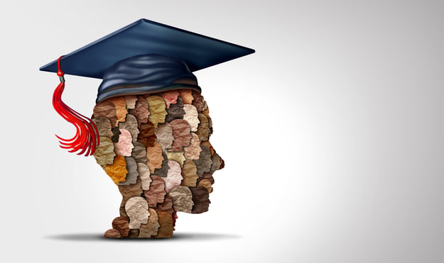 a graphic of a head composed of miniature heads of varying skin tones wearing a graduate's cap