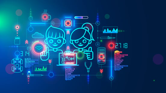 futuristic coding graphic with girl and boy 