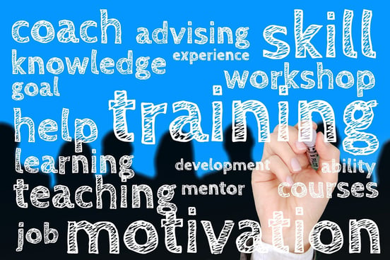 image with words like training, learning, teaching, motivation, skills